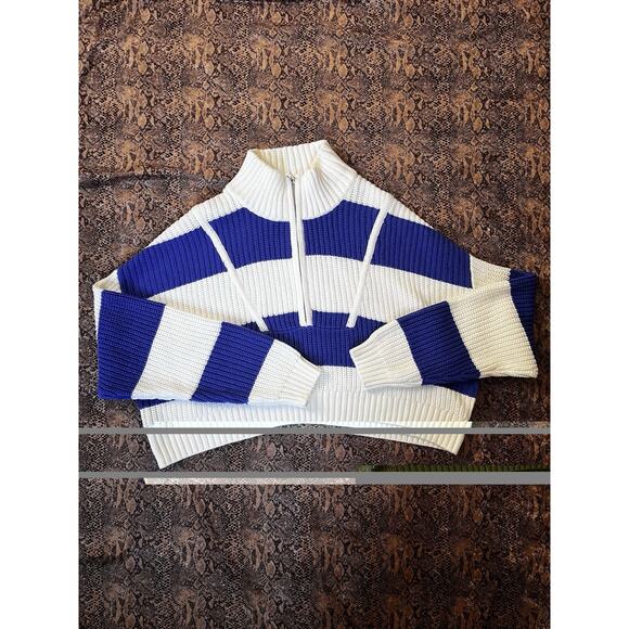 STAUDE Blue White Striped Quarter Zip Ribbed Cotton Blend Sweater Oversized M - Picture 3 of 7